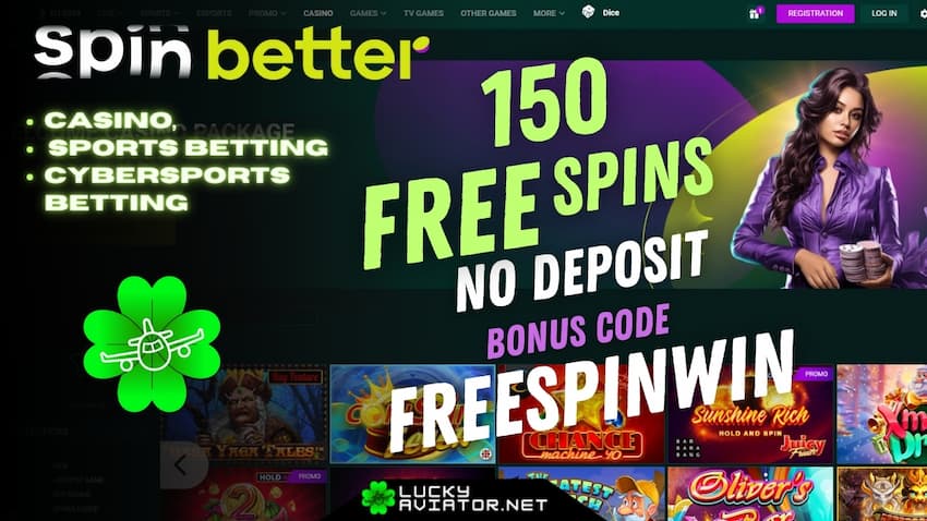 150 no deposit free spins at Spinbetter Casino with bonus code FREESPINWIN can be seen in this photo.