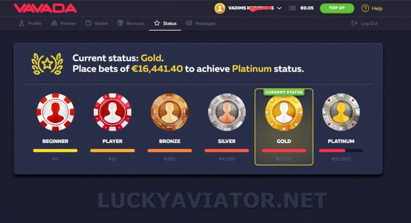 Player statuses, wagering requirements and privileges at VAVADA Casino are shown in this image.
