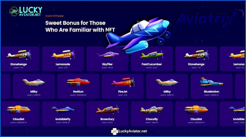 NFT bonuses for casino players in the new Aviatrix crash game from provider Aviatrix.bet are shown in this image.