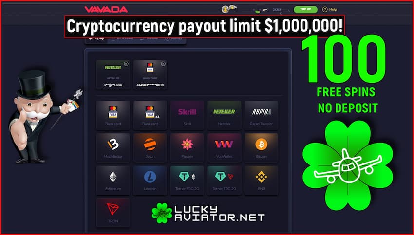 The screenshot shows the cryptocurrency payout limit at Vavada Casino of one million dollars!