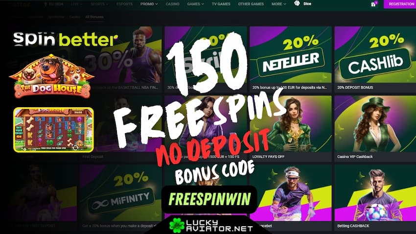 Spinbetter casino review and 150 free no deposit spins are pictured.