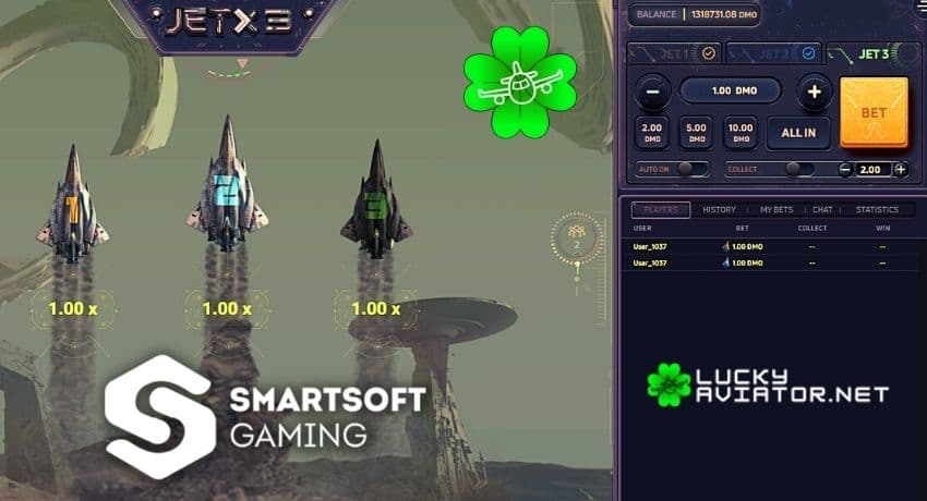 A screenshot of the JetX3 Crash Game from Smartsoft Gaming