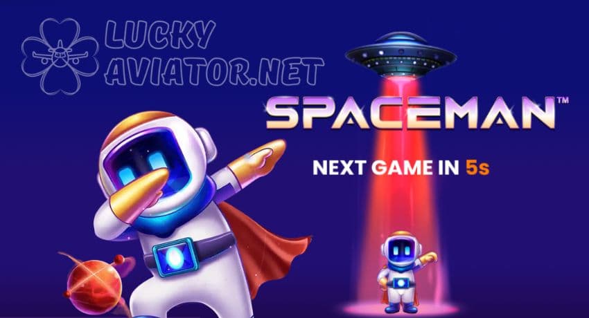 Spaceman characters float in space with slot reels in the background.