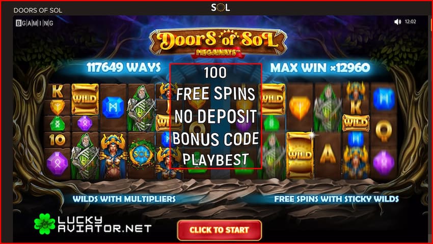 PLAYBEST promo code for 100 free spins with no deposit at SOL Casino is pictured here.