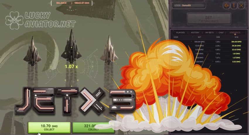 A fleet of animated spaceships flying across the screen in JetX3 by Smartsoft Gaming.