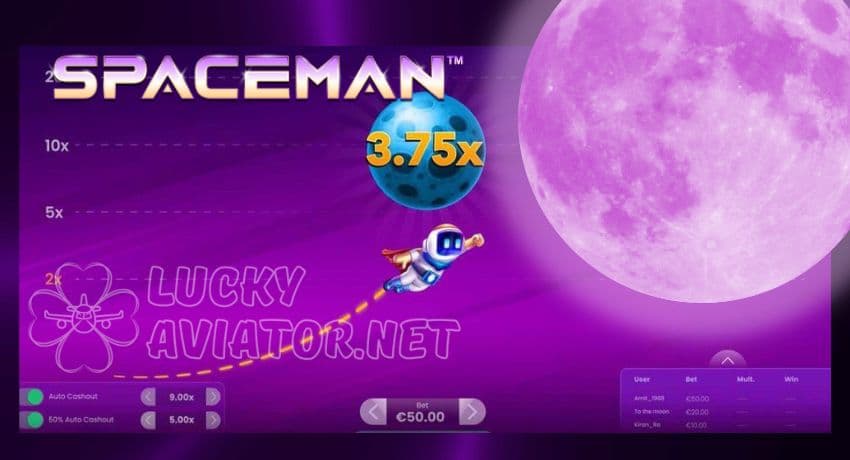 Գալակտիկական թեմայով վթարի խաղի ինտերֆեյս, որը ներկայացնում է Spaceman և երկնային խորհրդանիշները: