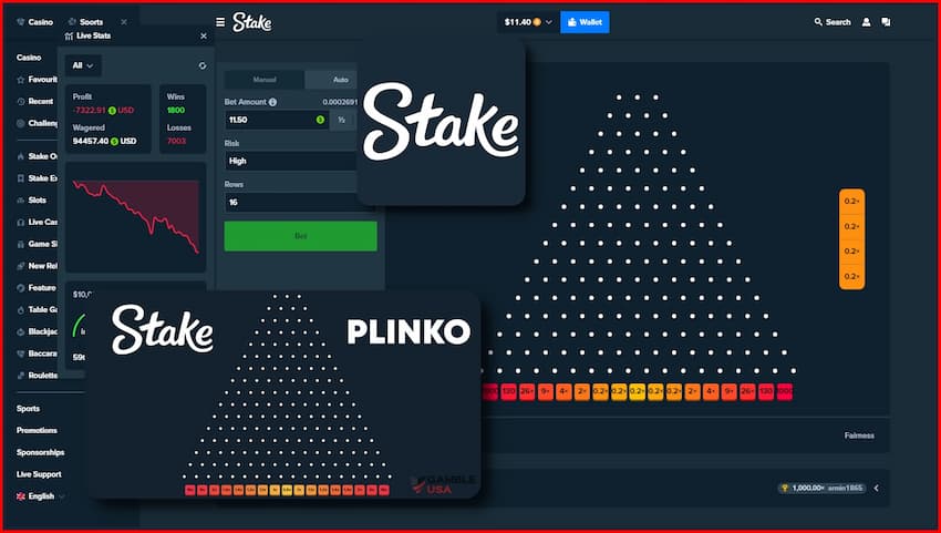 हिस्सेदारी का एक स्क्रीनशॉट Plinko खेल रंगीन खूंटे और ऊपर से गिरती एक गेंद को दिखाता है।