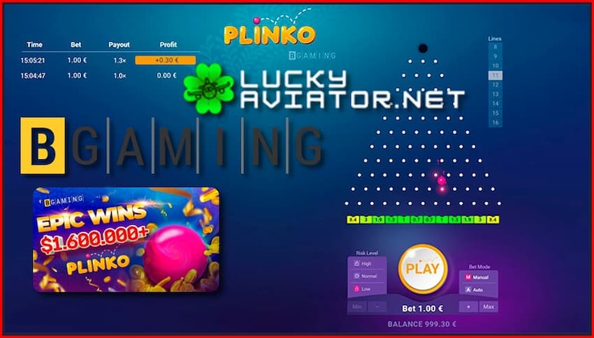 Цветен Plinko игрална дъска от BGaming със слотове с различни размери и цветове.