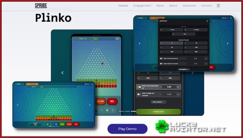Скрыншот Spribe Plinko гульнявы ​​​​інтэрфейс з рознакаляровымі шпількамі і пліткамі.