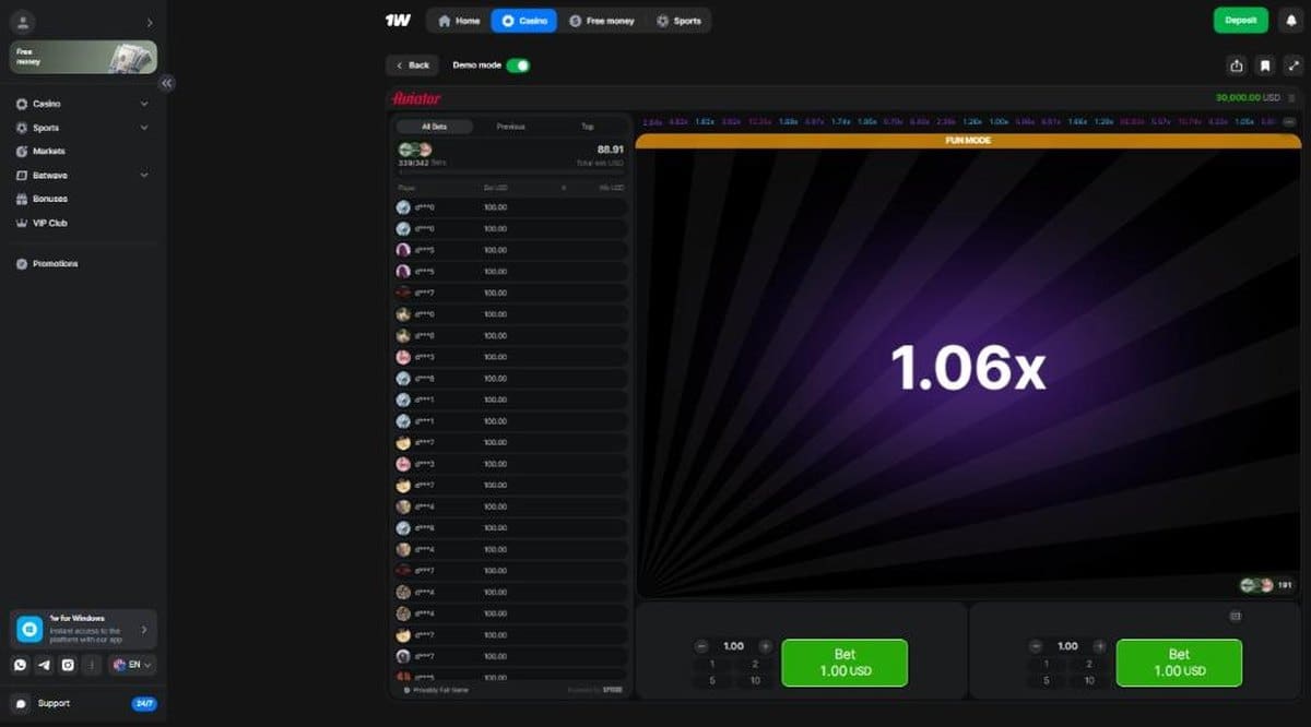 Aviator crash game at 1win casino in Fun mode with a 30,000 USD demo balance and two bet panels
