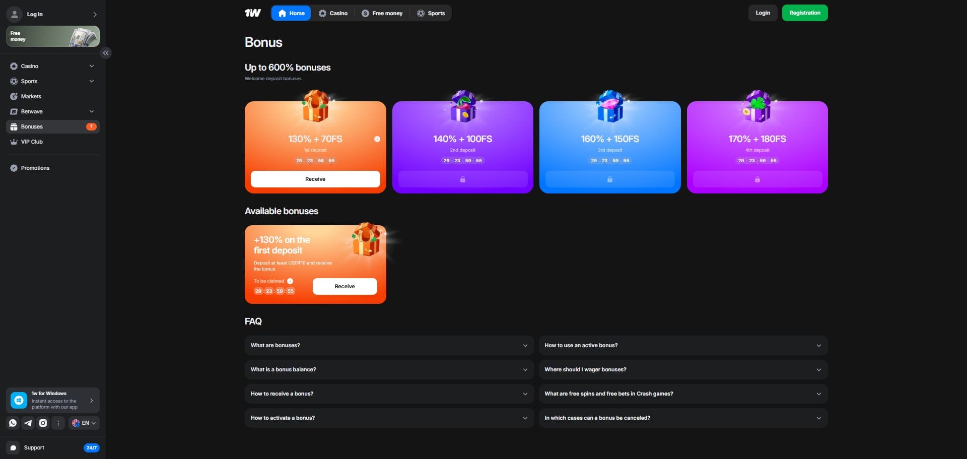 1win Bonuses page: welcome deposit bonuses 130% + 70 FS, 140% + 100 FS, 160% + 150 FS, 170% + 180 FS