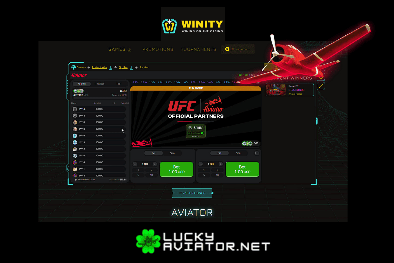 Winity Casino Aviator Spieloberfläche von Spribe mit Anzeige von Wettfeldern, Bestenliste und UFC-Partnerschaftszeichen.