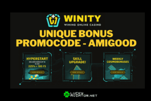 Screenshot of Winity Casino Hyperstart package: 100% + 100 FS on first deposit, 75% on second, 50% on third, up to $1,500.