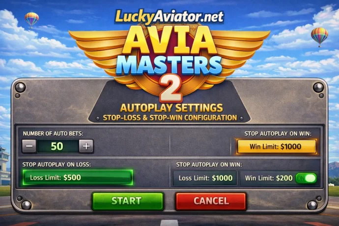 AviaMasters 2 autoplay configuration panel with stop-loss and stop-win conditions highlighted