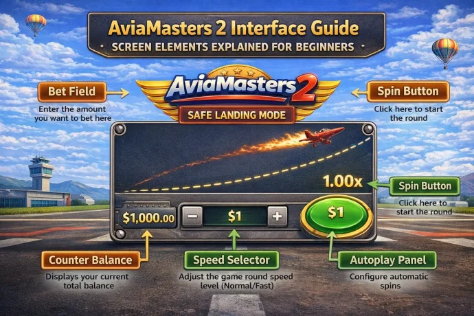 AviaMasters 2 game interface annotated for beginners showing bet field, Spin button, Counter Balance, speed selector, and autoplay panel