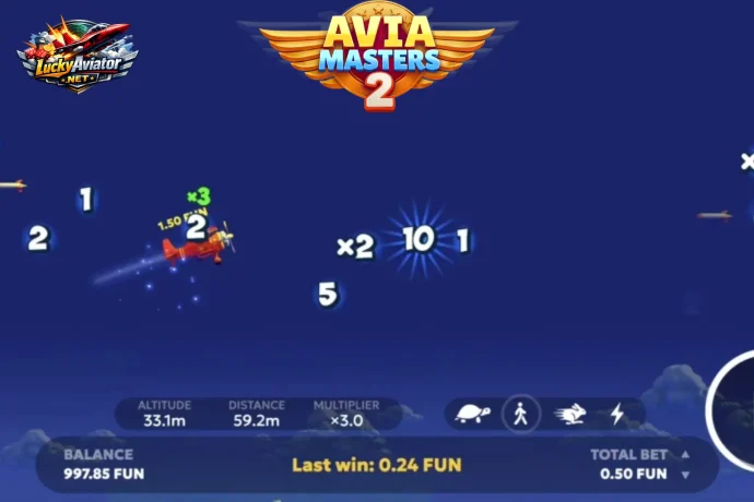 AviaMasters 2 gameplay screenshot showing biplane flying over ocean with multiplier boosters and rocket obstacles on screen