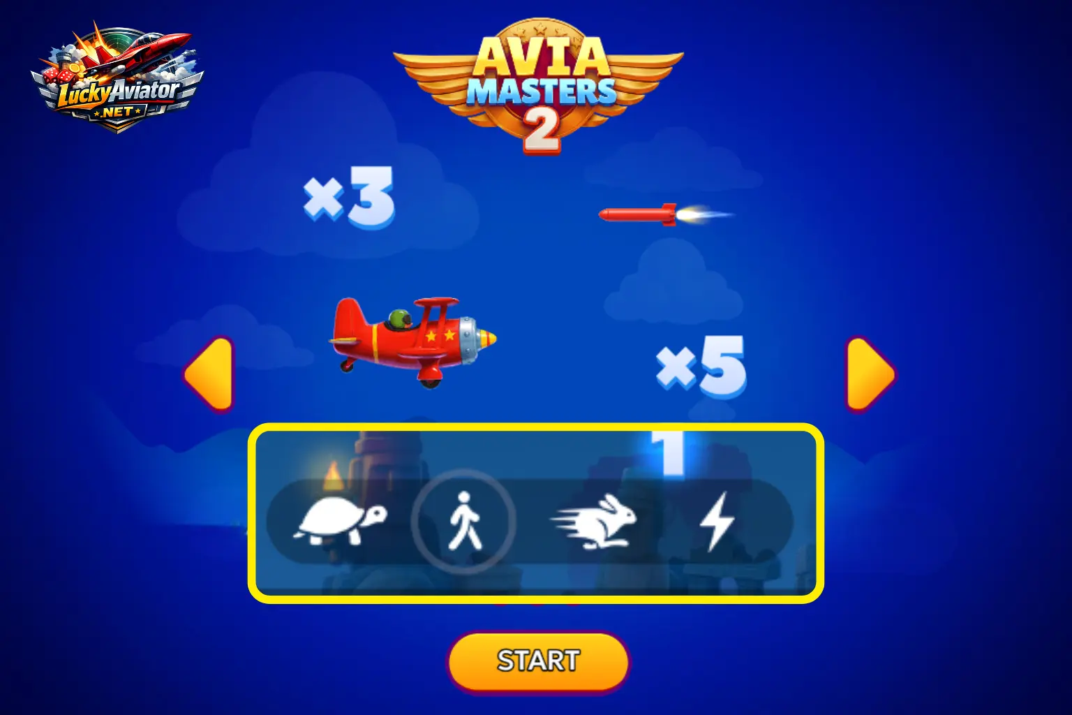 AviaMasters 2 speed settings panel showing four modes: Slow walking icon, Medium, Fast, and Ultra-Turbo