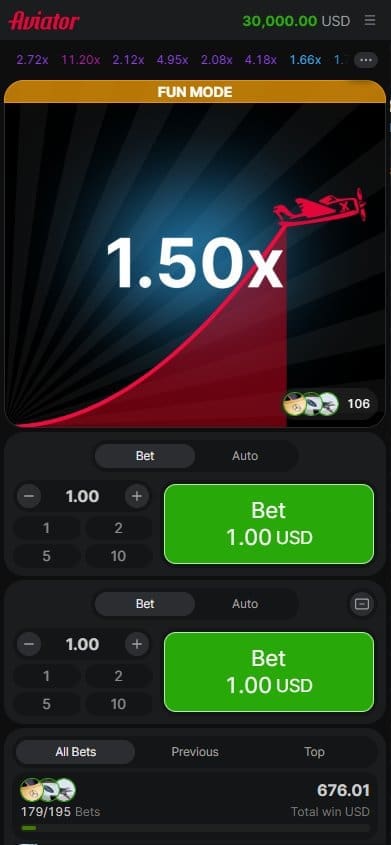 Aviator mobile layout in the official demo: multiplier on top, two bet panels and the bets list below (screenshot)