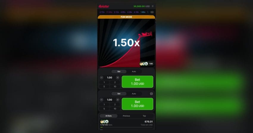Aviator at phone width: multiplier, two stacked bet panels and the bets list in the official demo (screenshot)