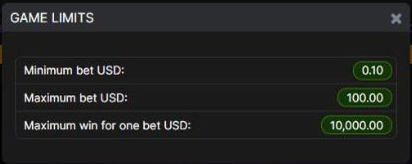 Game limits dialog of the Aviator demo: minimum bet 0.10, maximum bet 100, maximum win per bet 10,000 USD (screenshot)