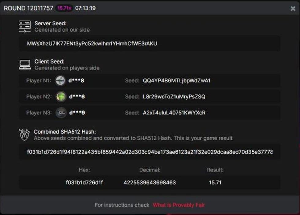 Aviator provably fair panel for round 12011757: server seed, three client seeds, combined SHA-512 hash and the 15.71× result (screenshot)