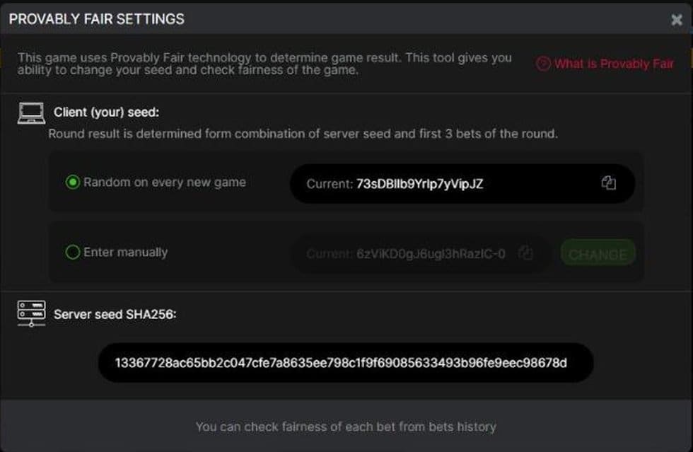 Aviator Provably Fair Settings: client seed options and the SHA-256 of the next server seed, published before the round (screenshot)