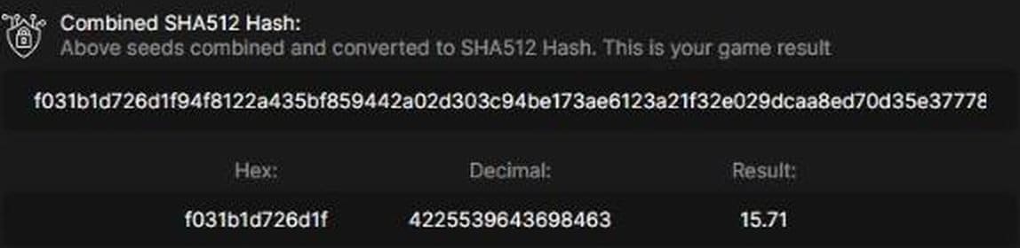 Close-up of the panel: combined SHA-512 hash, hex f031b1d726d1f, decimal 4225539643698463, result 15.71 (screenshot)