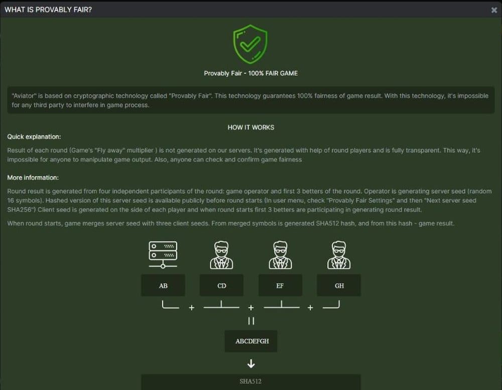 Spribe's in-game explanation of provably fair: server seed plus three client seeds merged into a SHA-512 hash (screenshot)