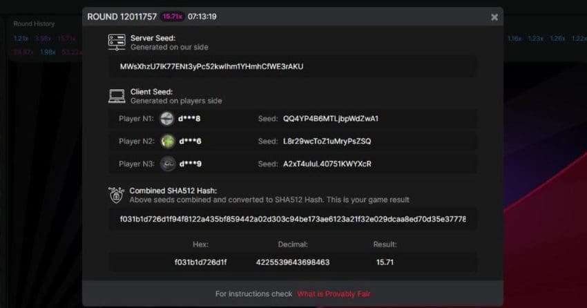 Aviator provably fair panel for round 12011757 with seeds, combined SHA-512 hash, hex, decimal and the 15.71× result (screenshot)