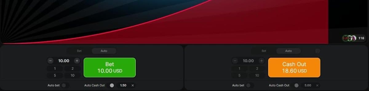 Anchor and runner in practice: the 1.50× bet already cashed out while the 5.00× bet is still flying at 1.86× (screenshot)