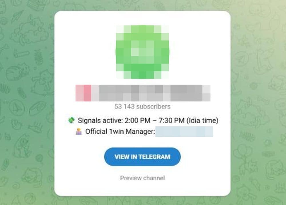 Telegram signals channel posing as an official 1win manager, with fixed signal hours in India time (screenshot, anonymised)