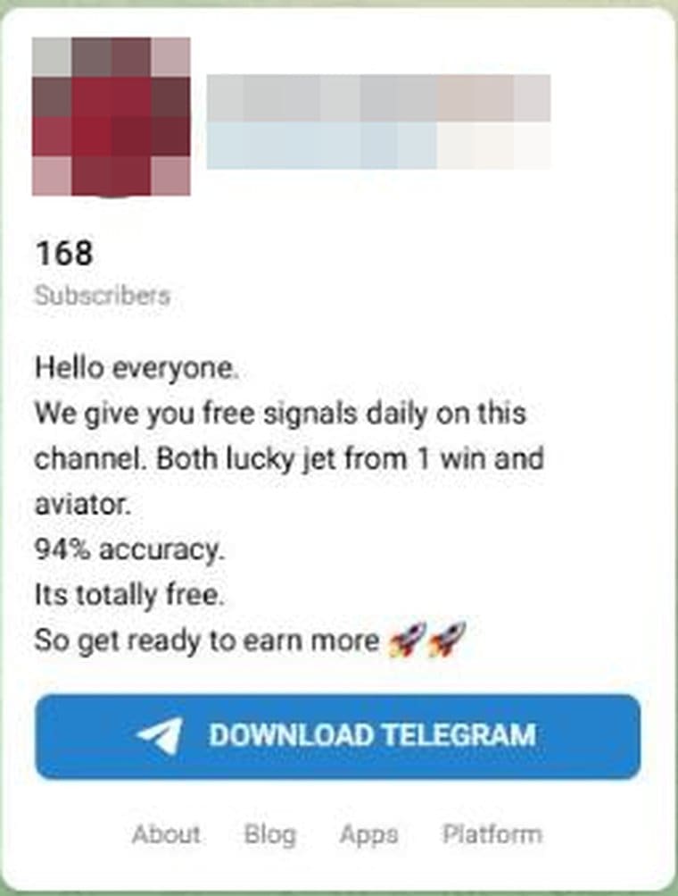 Channel description promising free Lucky Jet və Aviator signals with 94% accuracy (screenshot, anonymised)