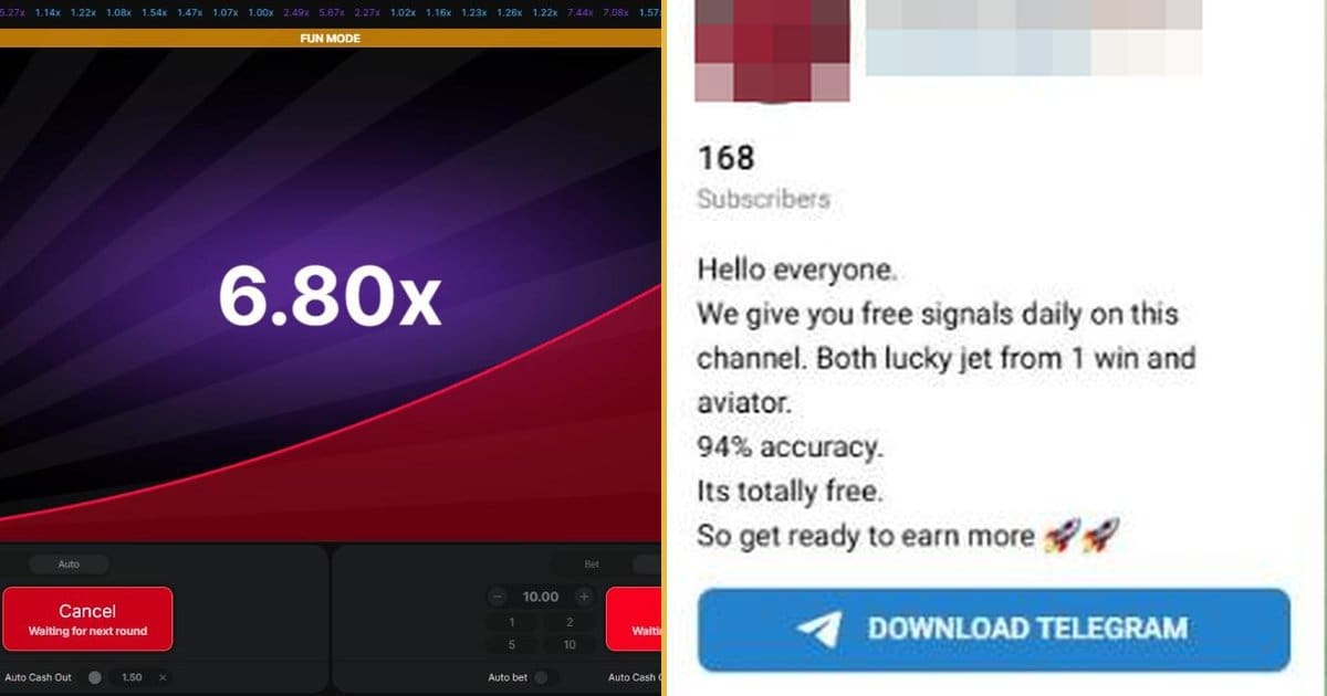 Testing a signals channel against the official Aviator demo side by side (composite of two screenshots, anonymised)
