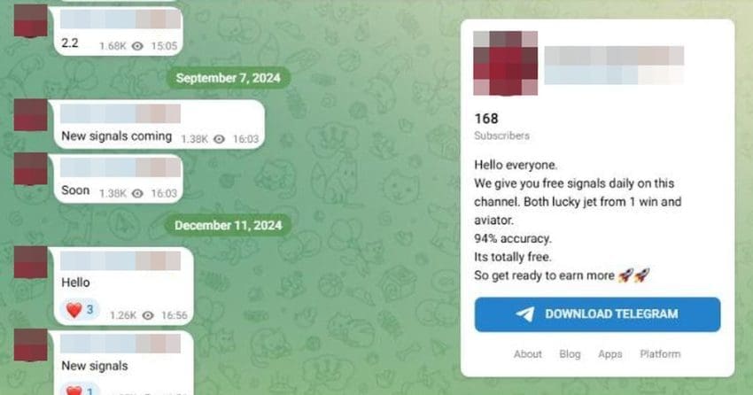 Telegram kanalı pulsuz təklif edir Aviator və Lucky Jet 94% dəqiqlik iddiası olan siqnallar (ekran görüntüsü, anonimləşdirilmiş)